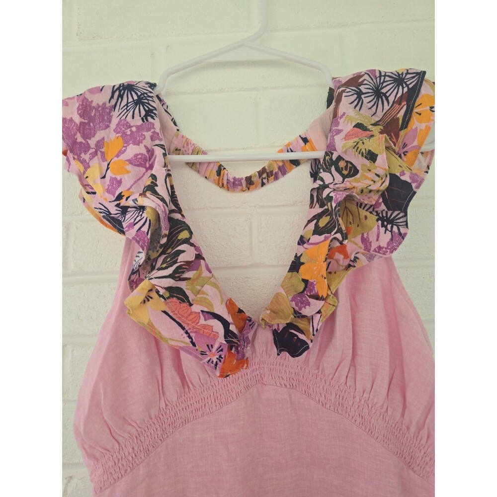 ANTHROPOLOGIE V-Neck Ruffle Linen Viscose Dress Size Large Pink Blue Floral - Picture 5 of 12